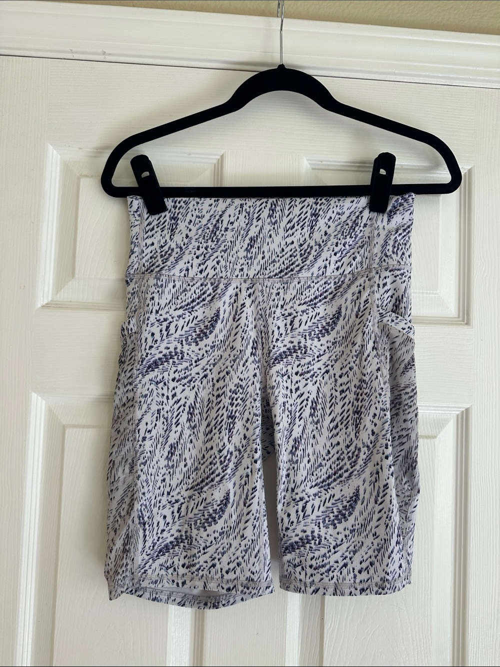 Fabletics White and Purple Abstract-Print High-Rise Bike Shorts with Pockets